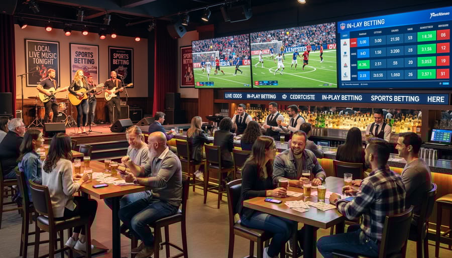 Friends socializing at bar table in Vancouver music venue with live performance in background