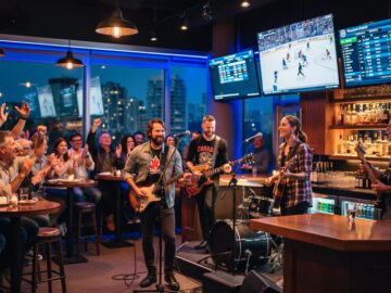 Indie band playing on a small stage in a Vancouver bar while patrons watch a hockey game on wall-mounted screens; warm ambient lighting, energetic crowd, and softly blurred bar backdrop with no visible text or logos.