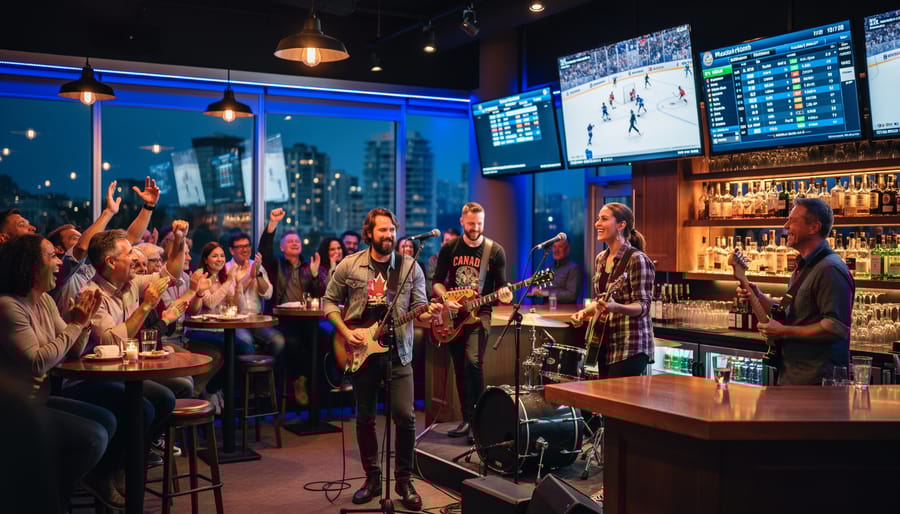 Indie band playing on a small stage in a Vancouver bar while patrons watch a hockey game on wall-mounted screens; warm ambient lighting, energetic crowd, and softly blurred bar backdrop with no visible text or logos.