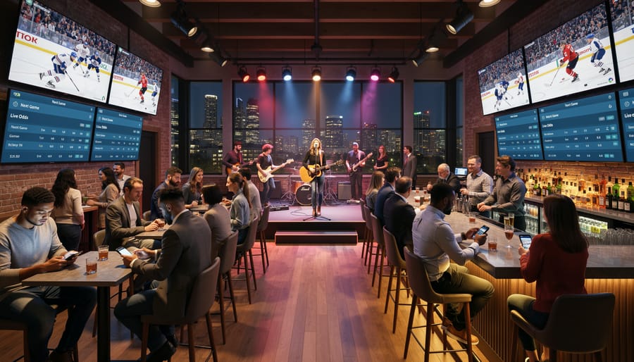 Live music band performing in Vancouver bar with sports betting screens visible on walls and engaged audience