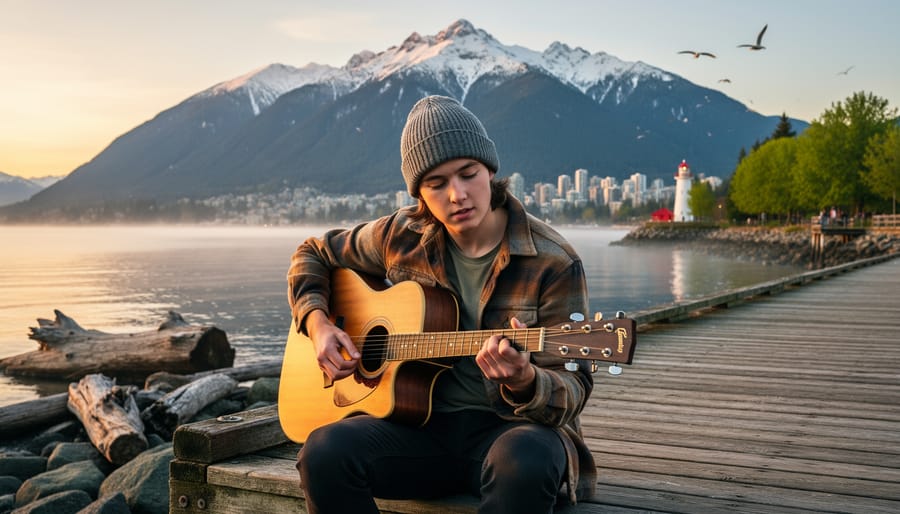 Folk musicians performing at outdoor Vancouver festival with coastal mountains in background