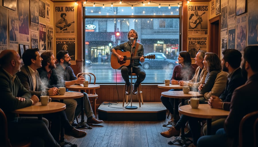 Close-up of musician's hands playing acoustic guitar in intimate coffee house venue