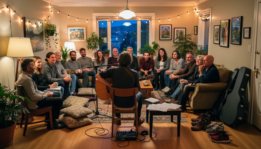 Musicians performing in circle at intimate house concert gathering