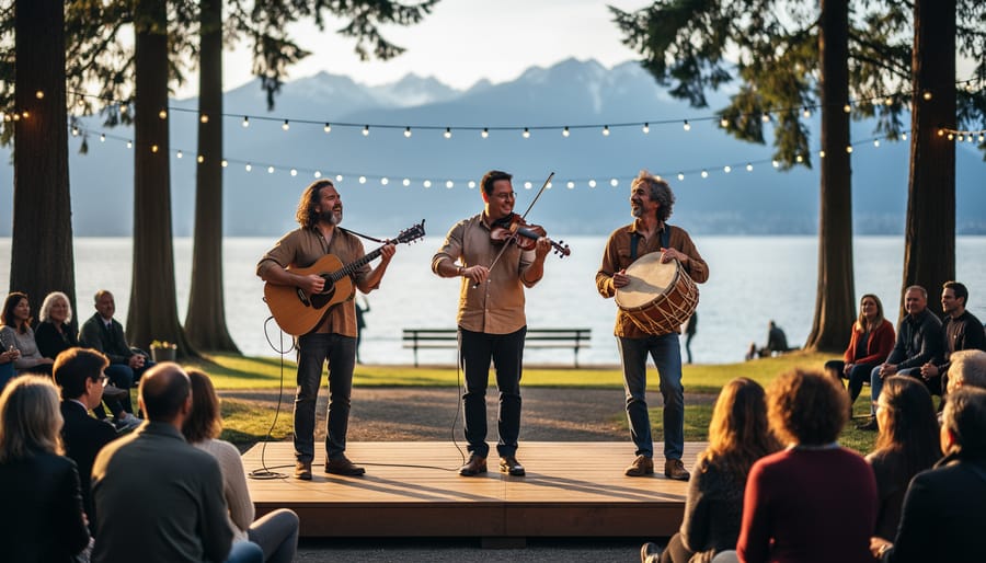 Diverse folk musicians playing acoustic guitar, fiddle, and hand drum on a small outdoor stage at sunset in a Vancouver waterfront park, with string lights, seated audience, cedar trees, ocean, and distant mountains softly blurred.