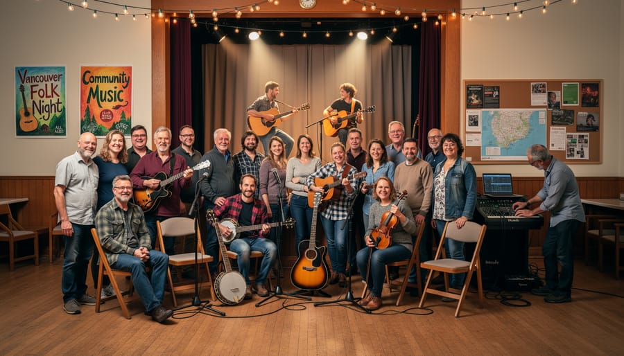 Volunteers preparing community venue space for folk music performance
