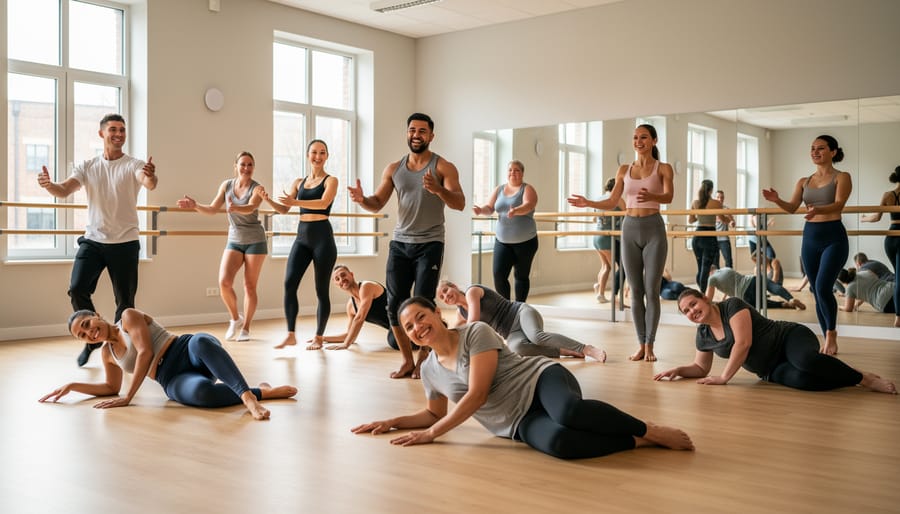 Group of diverse beginner dancers practicing contemporary movement in a bright studio with supportive classmates