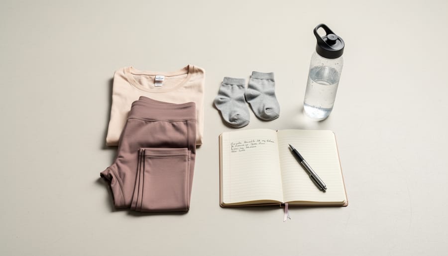 Leggings, dance socks, water bottle, and a small notebook laid out for a contemporary dance class