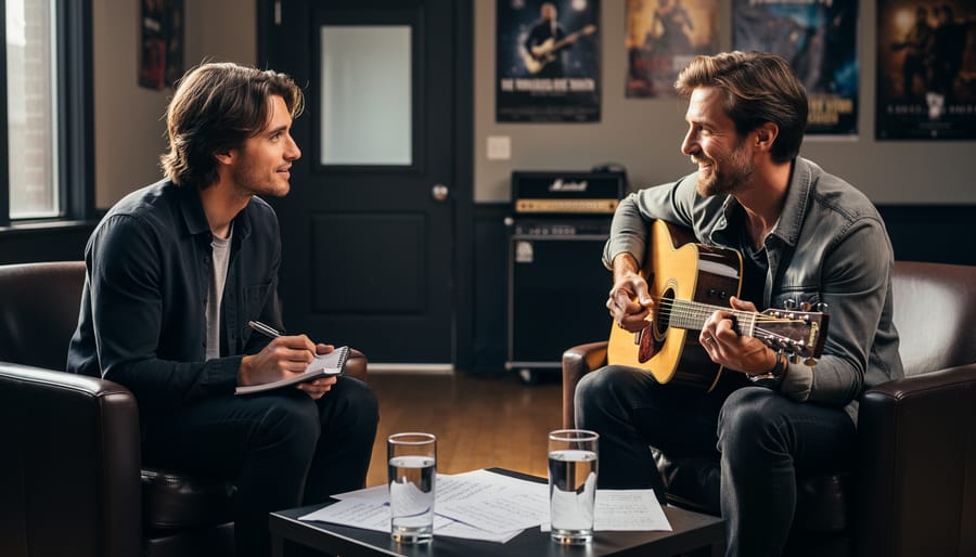 A singer-songwriter holding an acoustic guitar speaks with an interviewer in a cozy café