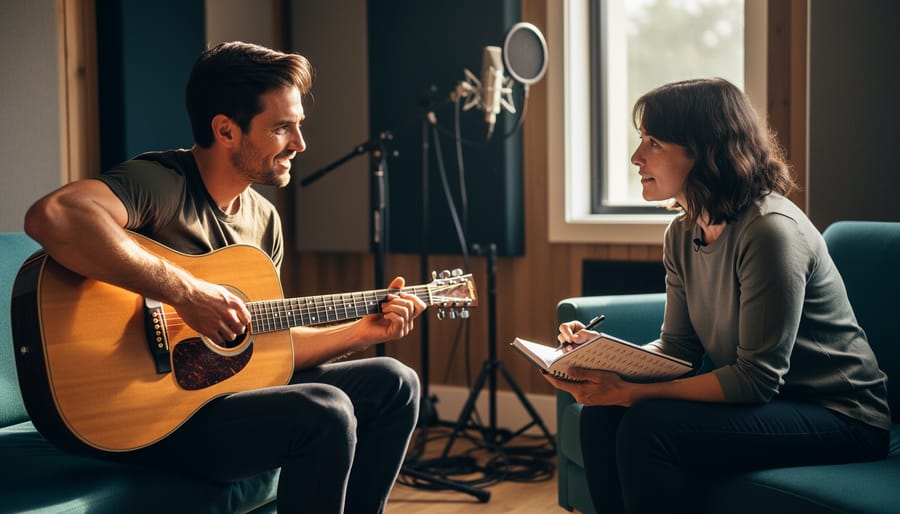 A musician holding an acoustic guitar while an interviewer listens closely during an intimate conversation in a recording studio.