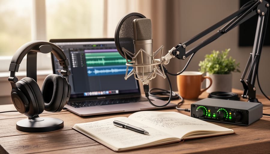Microphone, headphones, and guitar-related studio items on a desk during an interview