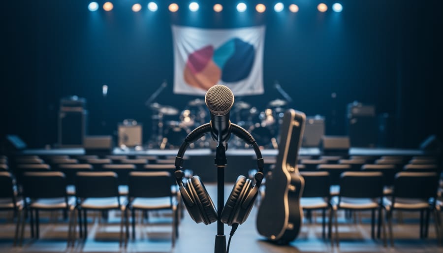 Microphone on a stand with over-ear headphones beside a guitar case in a softly lit concert venue background