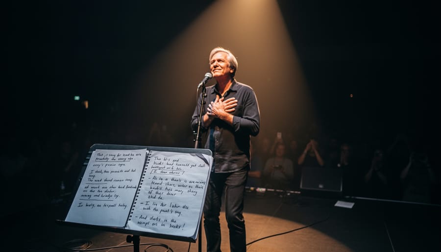 Close-up of a musician holding a vintage microphone near an open notebook of handwritten lyrics
