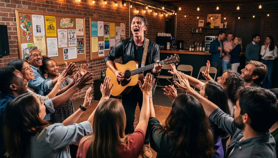 Wide view of a folk band performing on a small stage with an audience clapping in a community venue