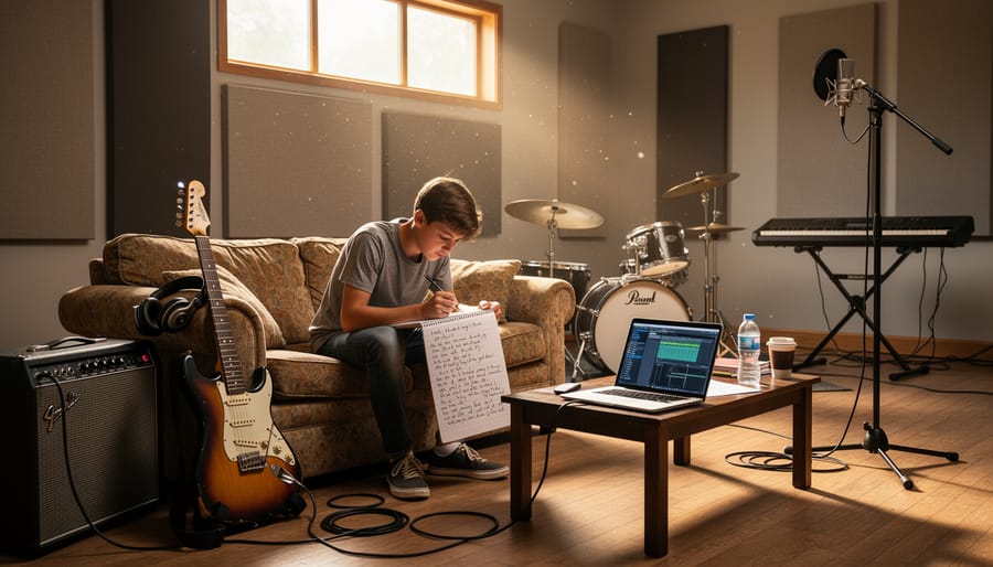 Close-up of a guitar on a stand with drumsticks in a rehearsal room