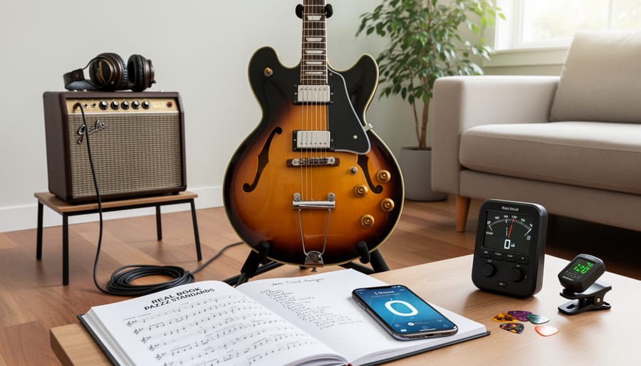 Canadian musician practicing jazz guitar with a metronome and lead sheets on a table in a cozy room.