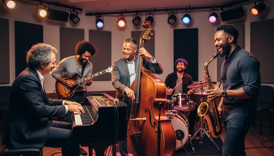 Guitarist playing alongside an upright bass and drums during a rehearsal jam session.