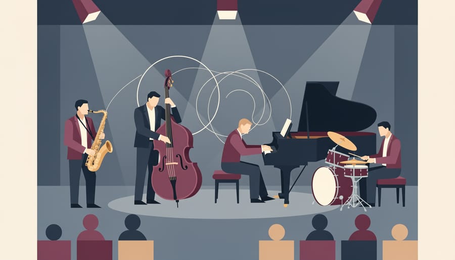 Out-of-focus jazz club scene with warm stage lights and a guitarist’s silhouette holding the instrument.