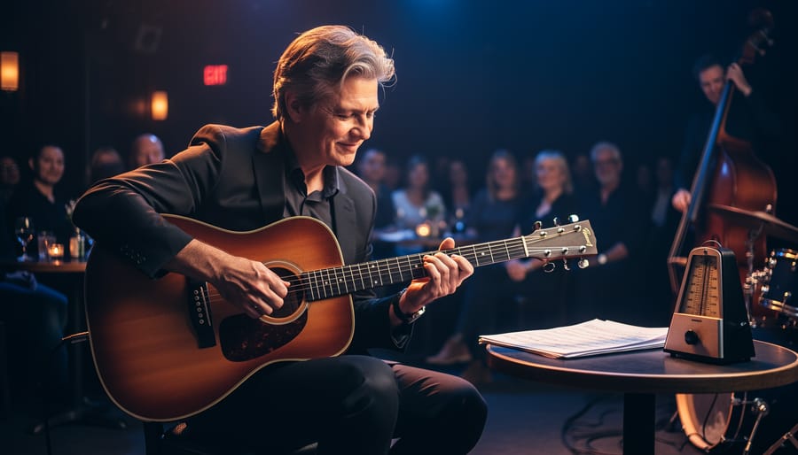 A Canadian jazz guitarist strumming a jazz guitar in a warm club setting while a metronome and lead sheets sit on a nearby table.