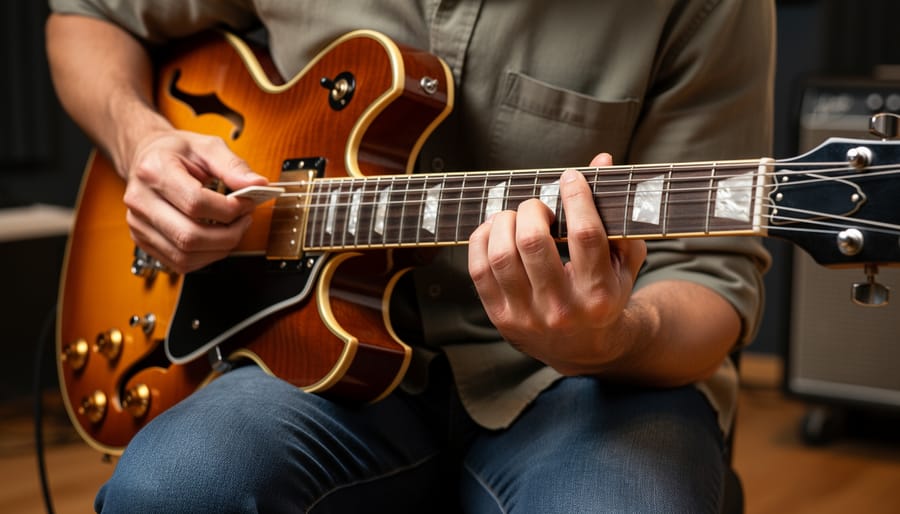 Close-up of a guitarist’s hand practicing on the fretboard with relaxed wrist position.