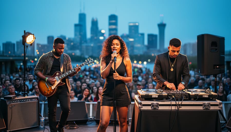 Diverse musicians performing together on a Toronto stage with warm evening lighting and a softly blurred crowd and city skyline in the background.