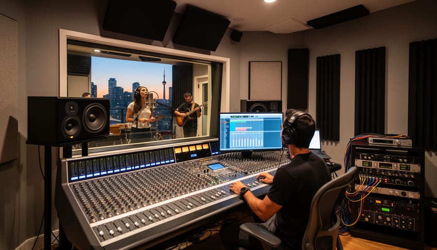 Producer wearing headphones at a mixing console in a recording studio with city lights visible through a window.