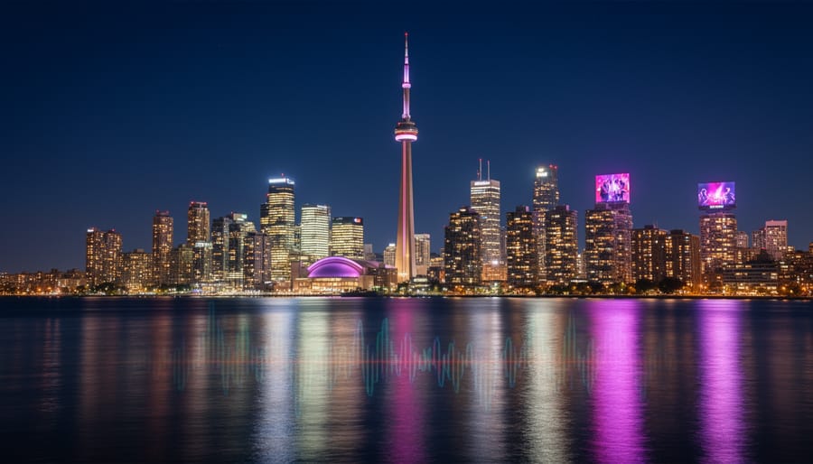 Nighttime view of Toronto skyline with the CN Tower in silhouette above wet street reflections.