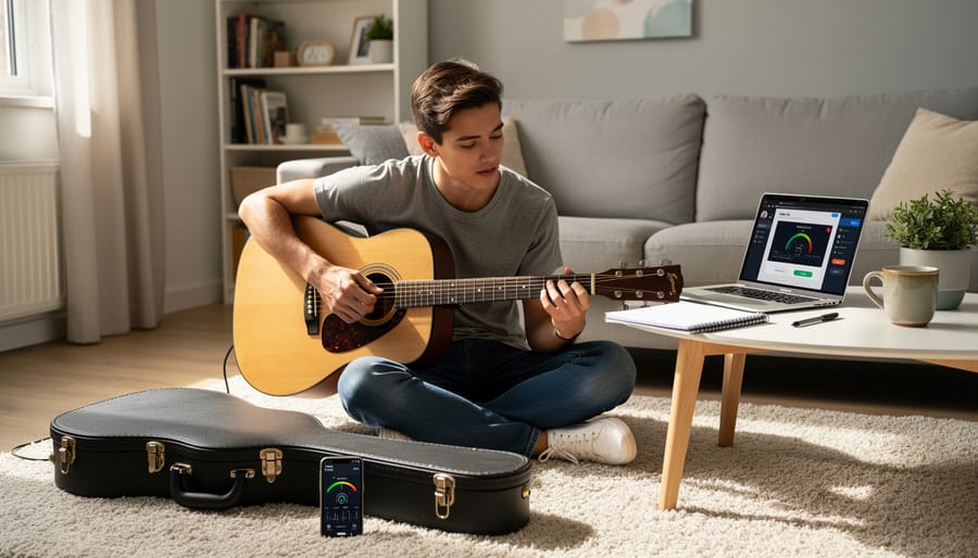 Beginner holding an acoustic guitar at a kitchen table with a notebook and phone nearby