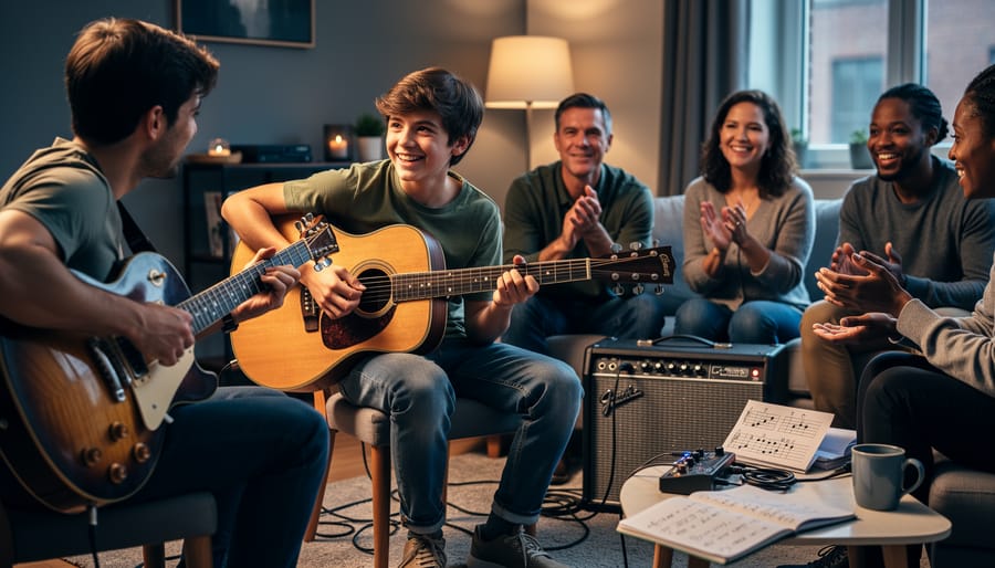 Friends playing acoustic guitars together at a community jam session
