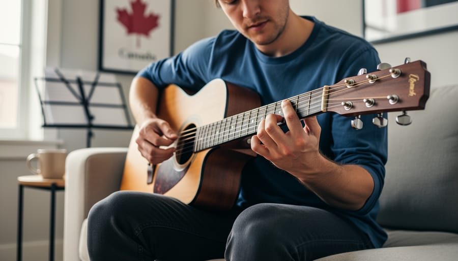 A beginner practicing open guitar chords with an acoustic guitar in a cozy room lit by soft daylight.