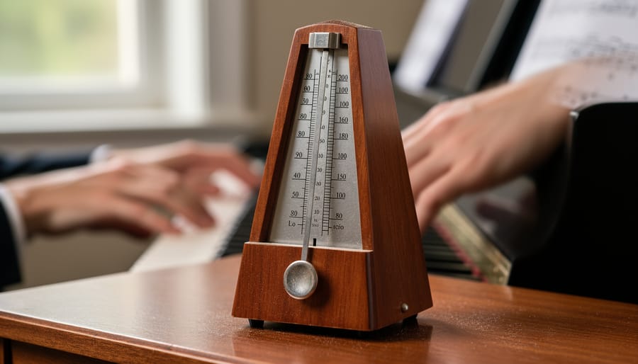 Close-up of hands fretting a guitar with a metronome device nearby